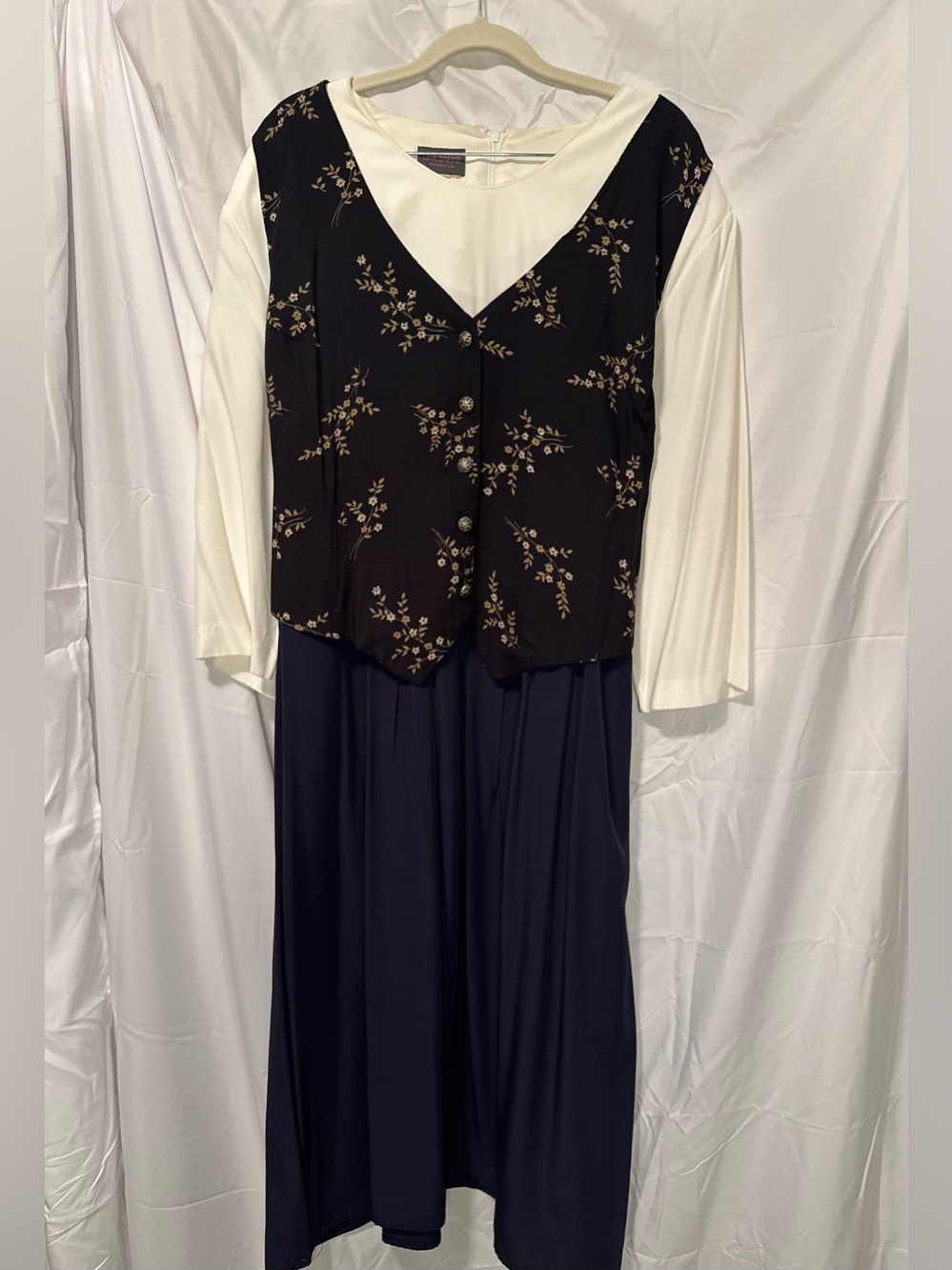 VTG Tina Barrie Black White Floral Vest Prairie Cottagecore Dress Long Sleeve XL